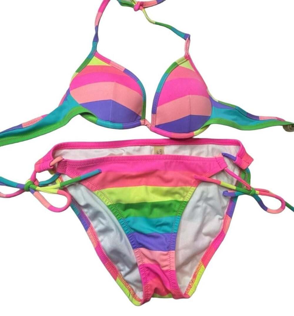 Victoria's Secret Neon Rainbow Stripe Bikini Set Size 34B M